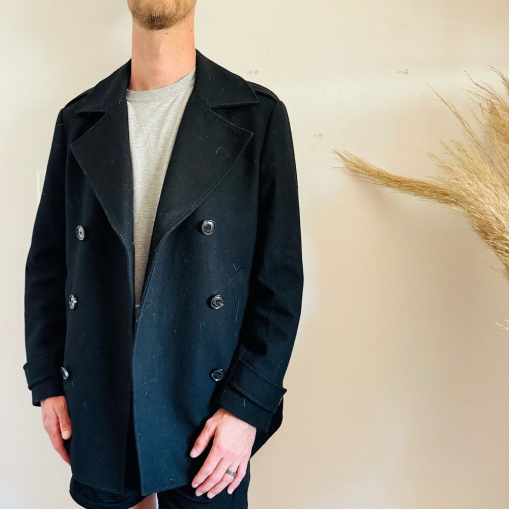 MENS PERRY ELLIS $328 Black Wool Pea Coat Button Closure Pockets Outer Jacket S